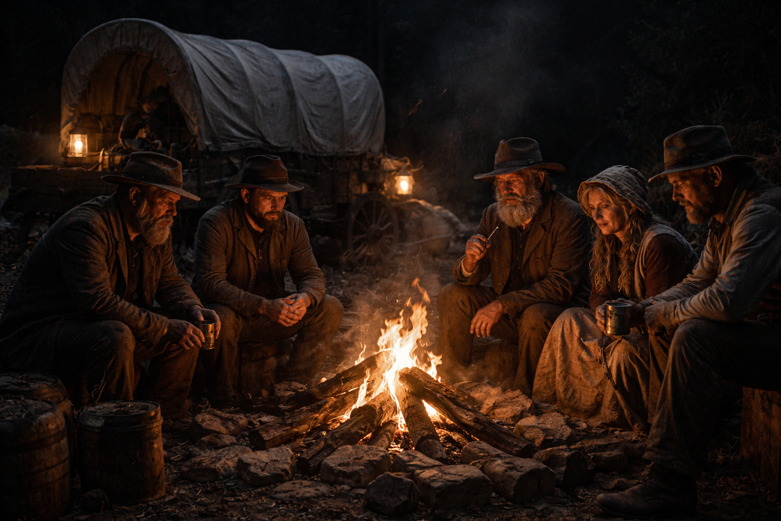 The wagon party gathers around a campfire at night