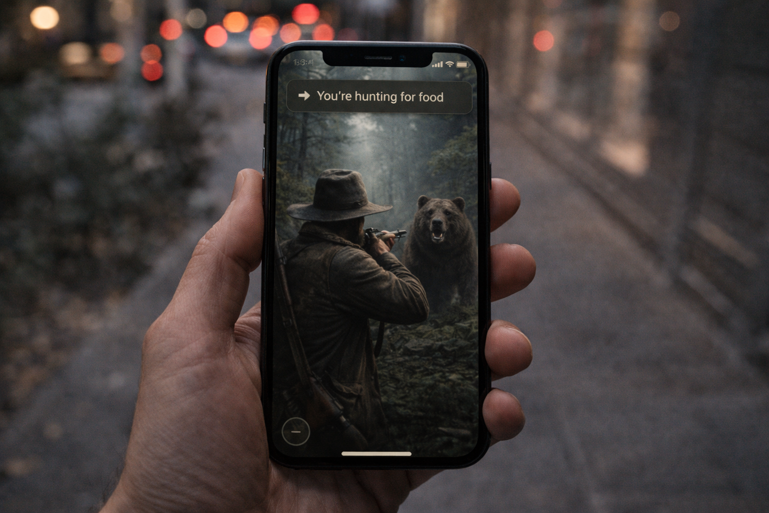 A player encounters a bear while hunting for food