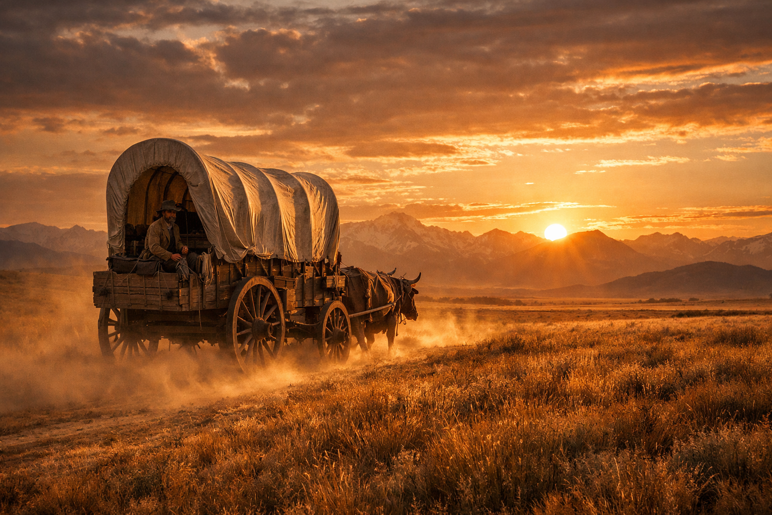 A covered wagon travels west at sunset across the golden plains